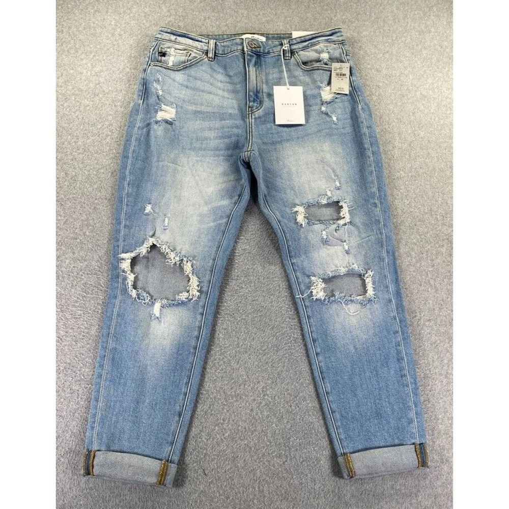 KanCan Greer Ultra High Rise Mom Jeans 15/31 Light Wash Distressed Rips (33x27)